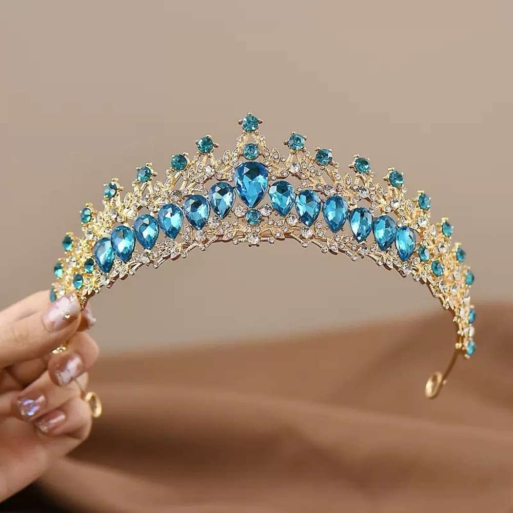Vintage Gold Tiara Headband with Blue Gemstones